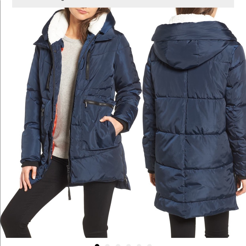 Steve Madden hooded puffer jacket with faux shearling trim in Navy
